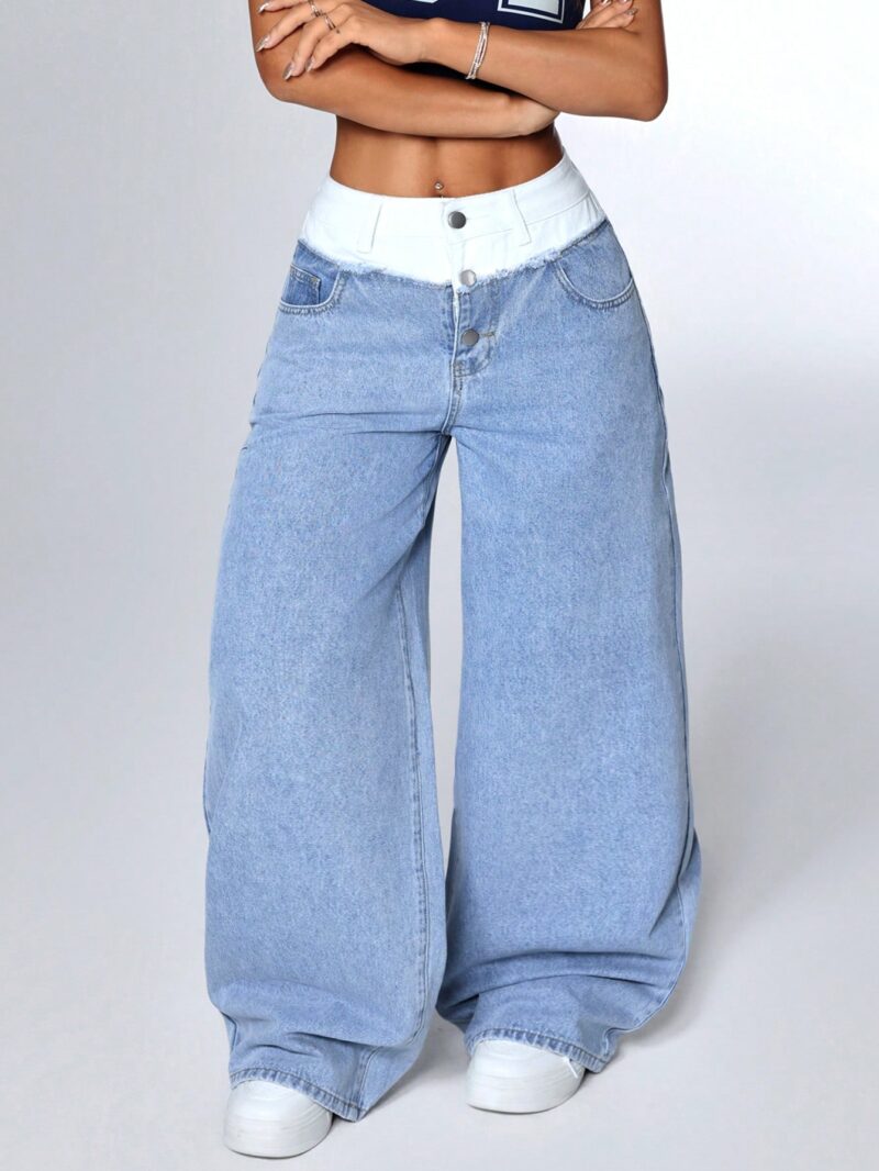 Casual Contrast Waistband Wide Leg Jeans - Image 3