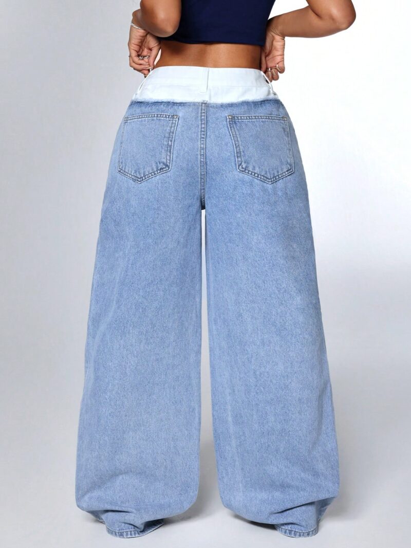 Casual Contrast Waistband Wide Leg Jeans - Image 6