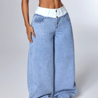 Casual Contrast Waistband Wide Leg Jeans