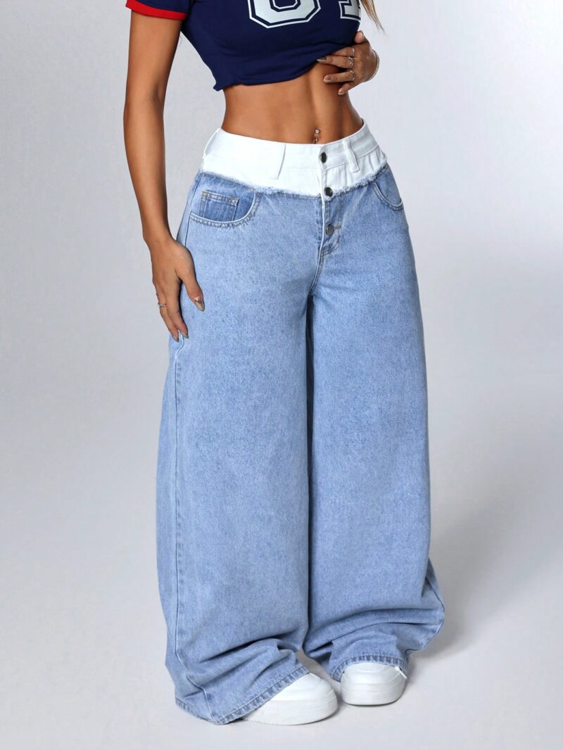 Casual Contrast Waistband Wide Leg Jeans